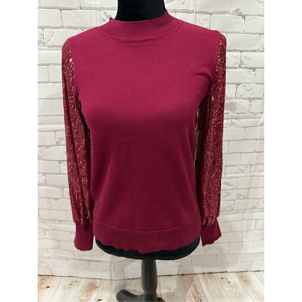 CeCe Burgundy Mock Neck Sequin Sleeve Knit Top‎ Blouse